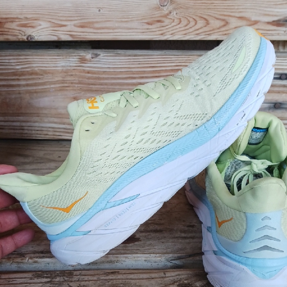 Hoka Clifton 8  Yellow and Blue Athletic Shoes with Signature Cushioning - Picture 2 of 15
